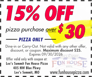 15% Off your pizza order over $30, September 2026